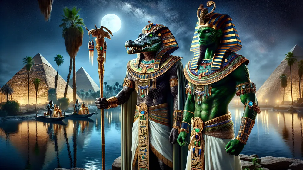 Amu Aa And Osiris Stand By The Nile At Night Pyramids Behind