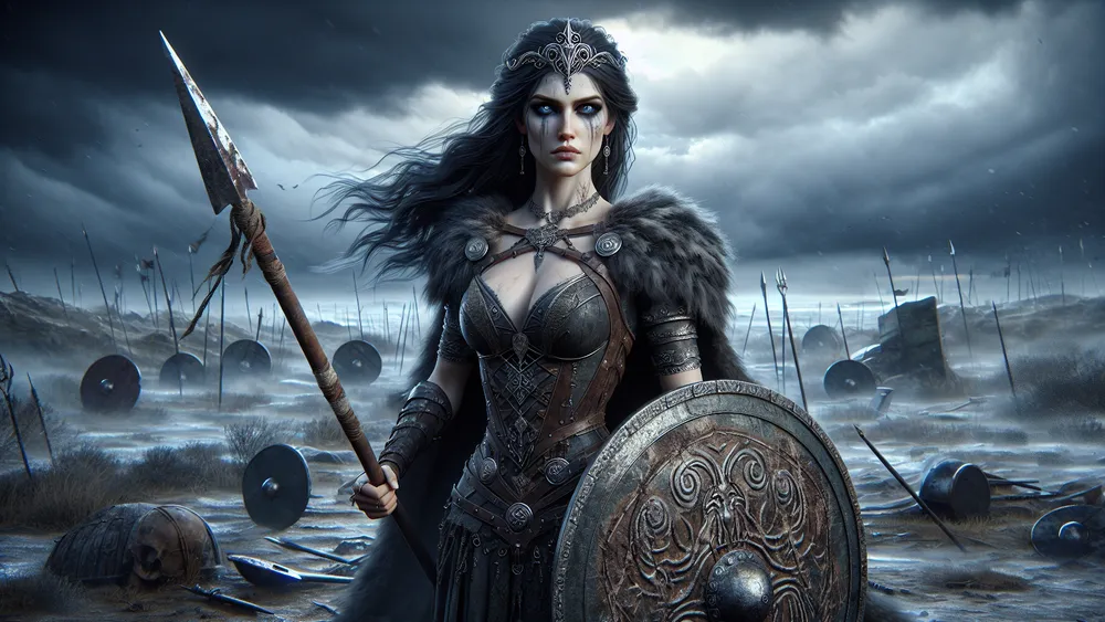 Anaideia Greek Goddess Of Ruthlessness In A Stormy Battlefield