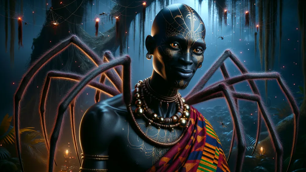 Anansi A Mystical Half Spider Figure Weaving Tales In A Moonlit Jungle