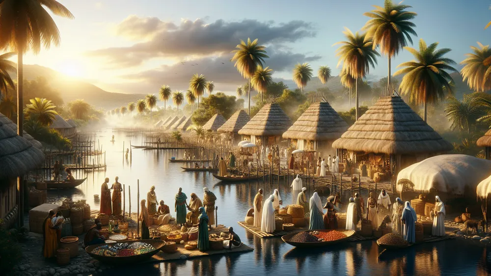 Ancient African Marketplace With Traders By A River In The Land Of Punt