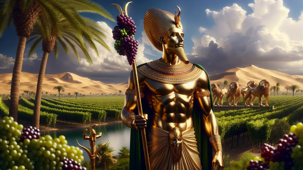 Ancient Egyptian Deity Ash In A Lush Oasis With Vineyards