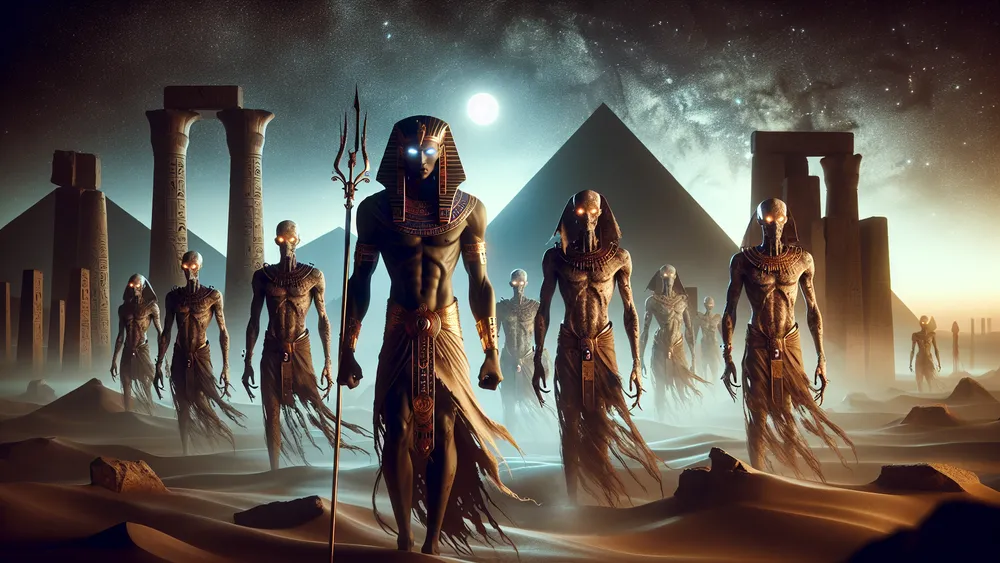 Ancient Egyptian Demons Guarding And Wandering In A Mystical Desert Night Scene