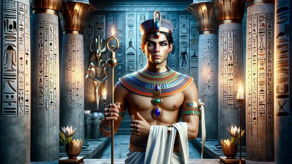Ancient Egyptian Figure Ren In Traditional Attire Inside A Grand Temple