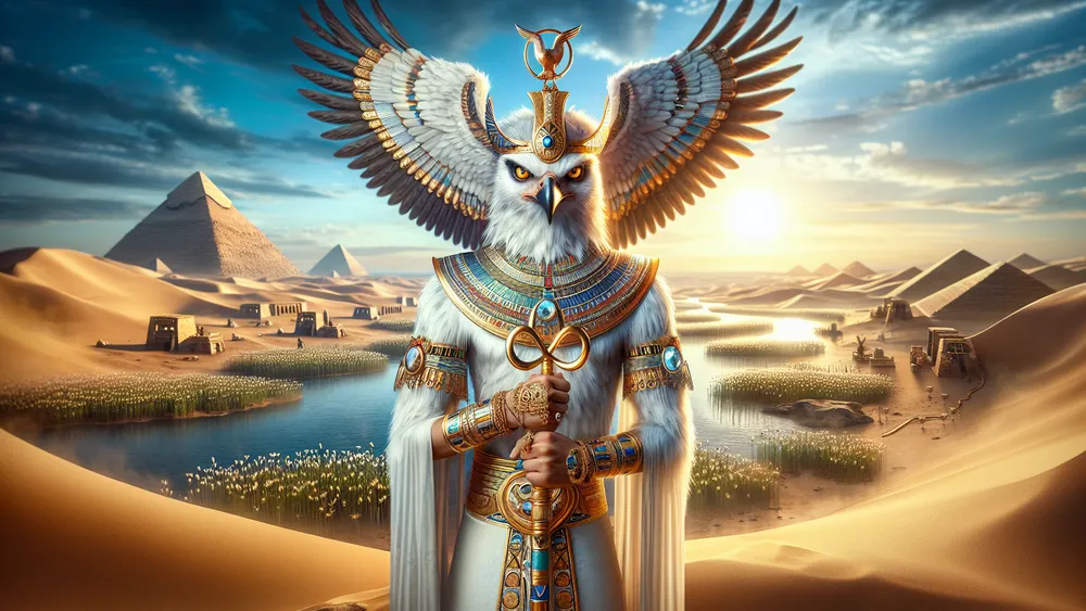Ancient Egyptian God Sopdu In Desert With Pyramids And Setting Sun