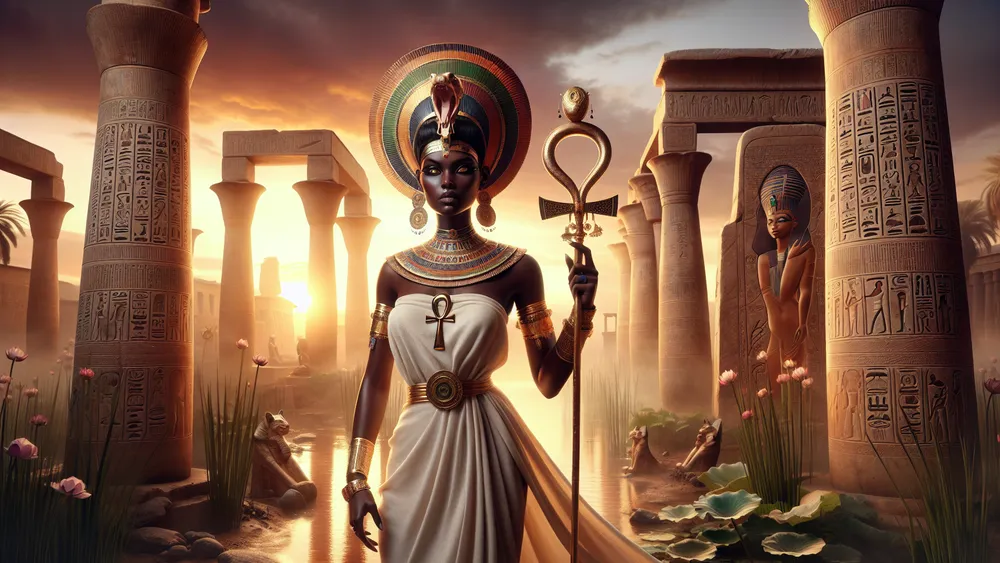 Ancient Egyptian Goddess Amunition In A Majestic Temple Setting