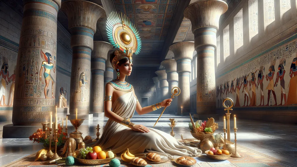 Ancient Egyptian Goddess Nebethetepet In A Temple With Offerings