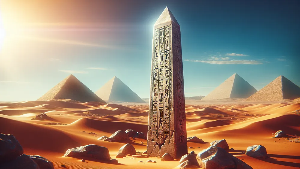 Ancient Egyptian Obelisk In Desert With Hieroglyphics And Distant Pyramids