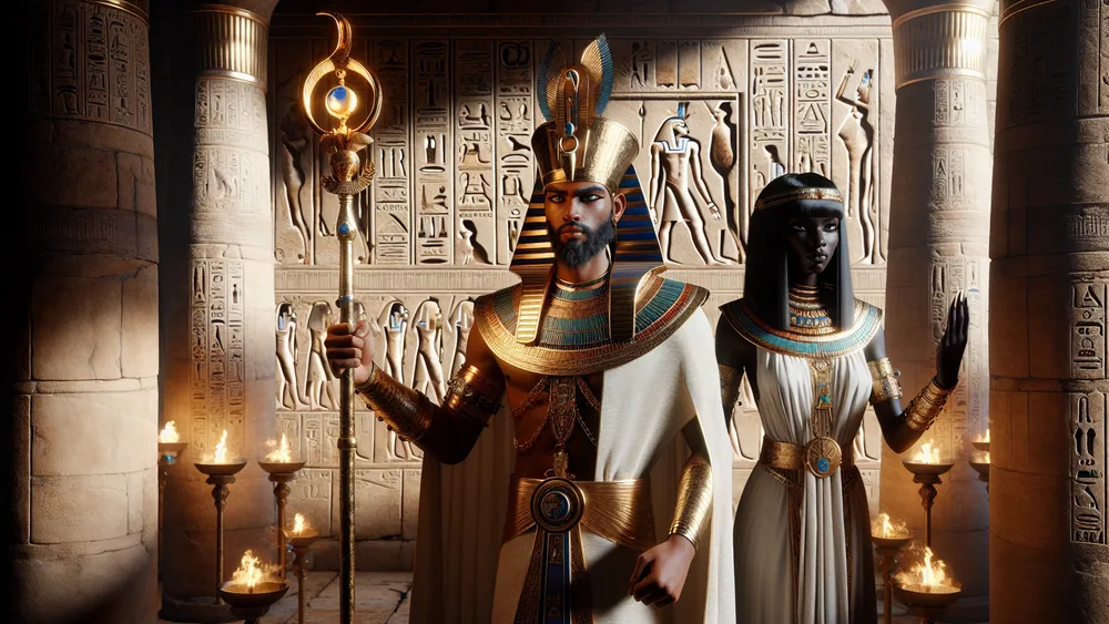 Ancient Egyptian Pharaoh And Priestess With Sekhem Scepter In Temple