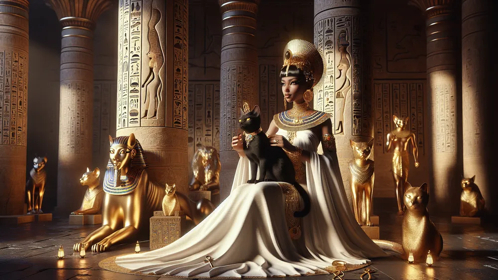 Ancient Egyptian Priestess With Sacred Cat In A Grand Temple