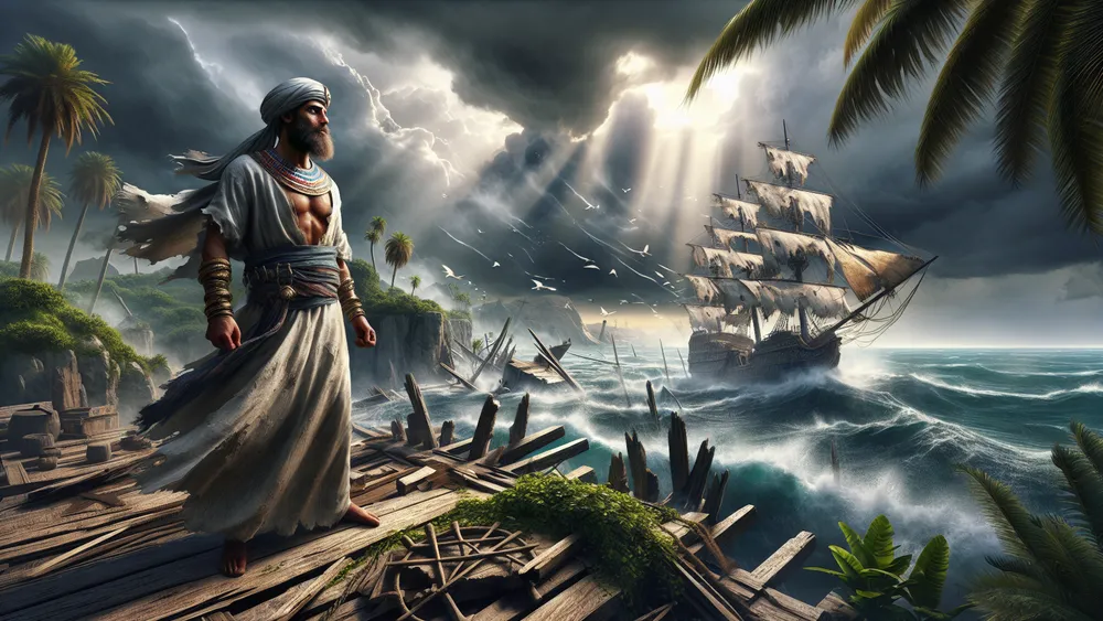 Ancient Egyptian Sailor Shipwrecked On Turbulent Sea With Distant Island