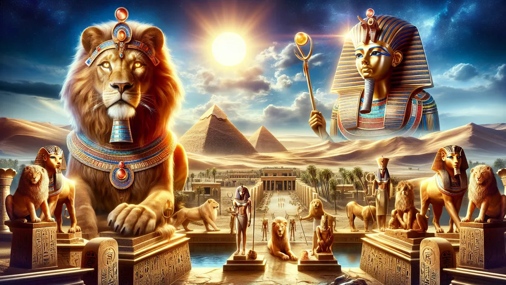 Ancient Egyptian Scene With Lions Deities Pyramids And Temples Under A Blue Sky