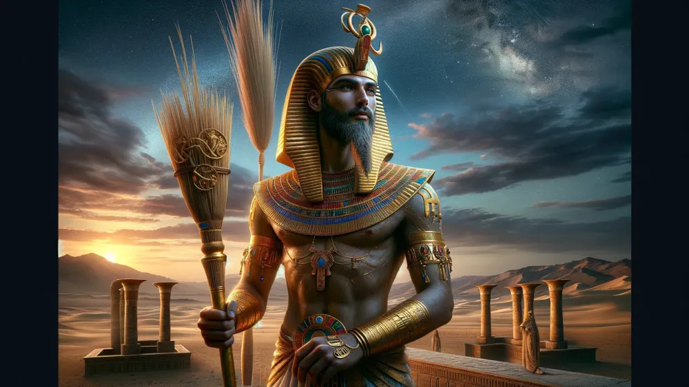 Ancient Egyptian deity Heh in golden attire with a twilight desert backdrop.
