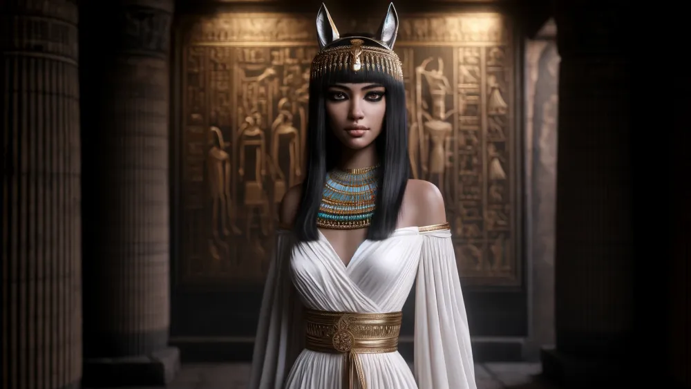 Ancient Egyptian goddess Anput in a temple with offerings.