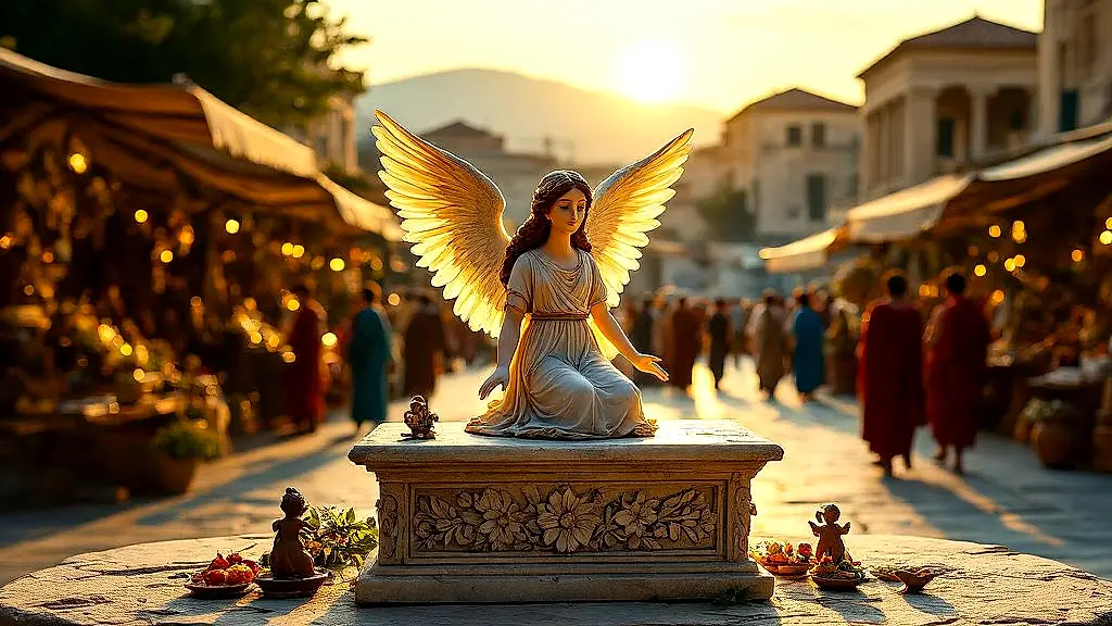 Ancient Greek altar to Elpis with winged figurine, vibrant agora backdrop.
