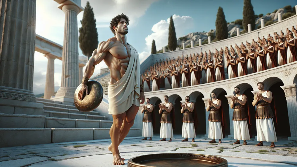 Ancient Greek Athlete Preparing To Throw Discus In Historic Amphitheater