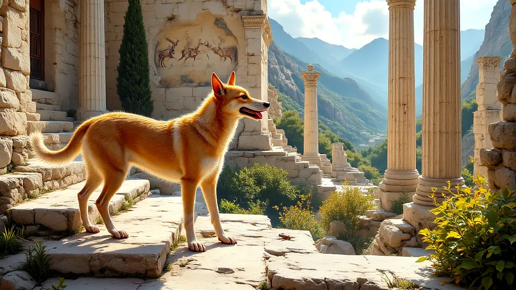 Ancient Greek Cretan Hound and Alopekis in mythological landscape.
