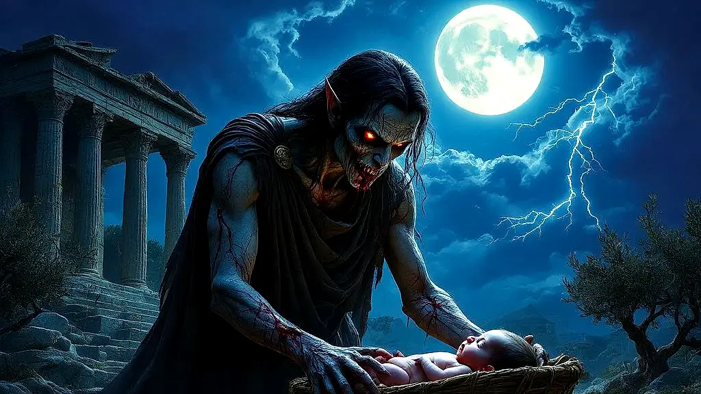 Ancient Greek cursed vampire looming over a cradle.