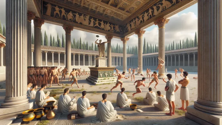 Ancient Greek Gymnasium With Athletes Philosophers And Ornate Columns Under Sunlight