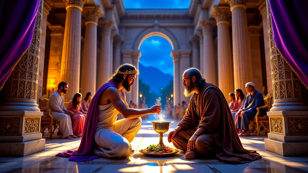 Ancient Greek hospitality ritual under torchlight.