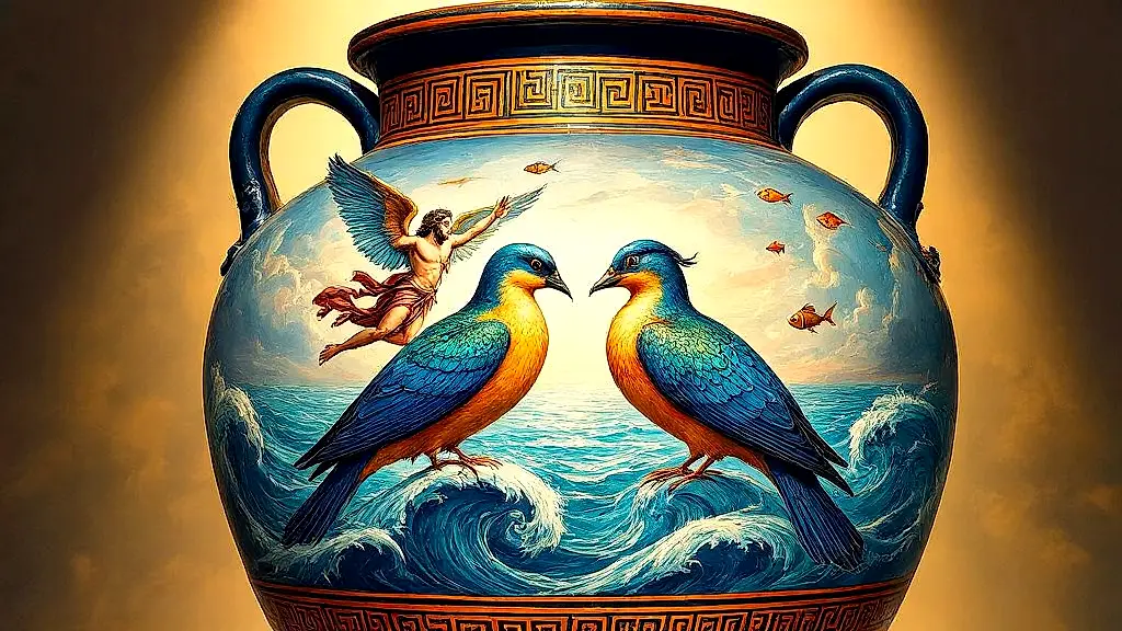Ancient Greek jar with halcyon birds, Morpheus, and Aeolus.