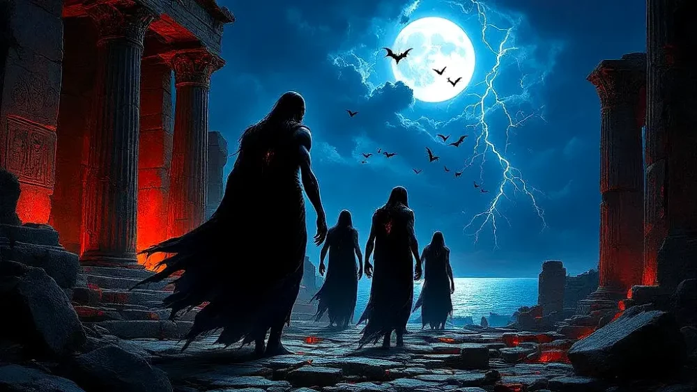 Ancient Greek vampires rise from moonlit ruins.