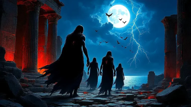 Ancient Greek vampires rise from moonlit ruins.