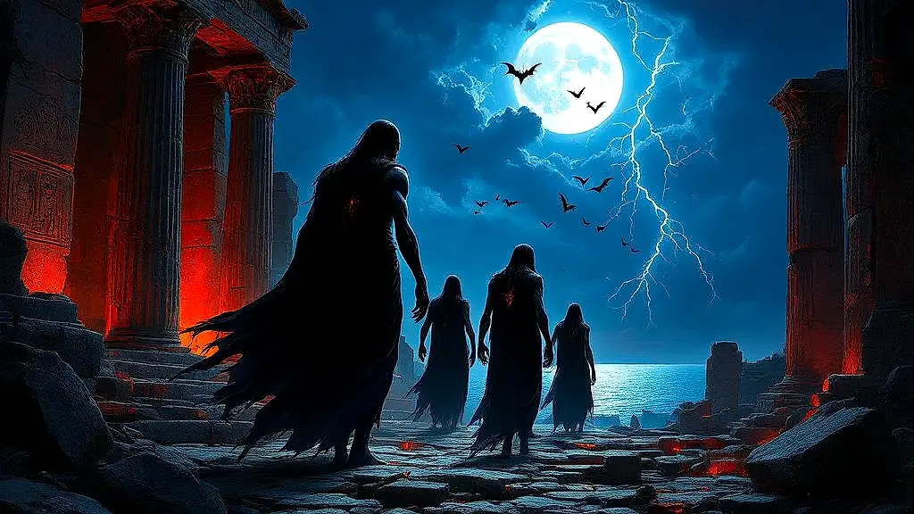 Ancient Greek vampires rise from moonlit ruins.