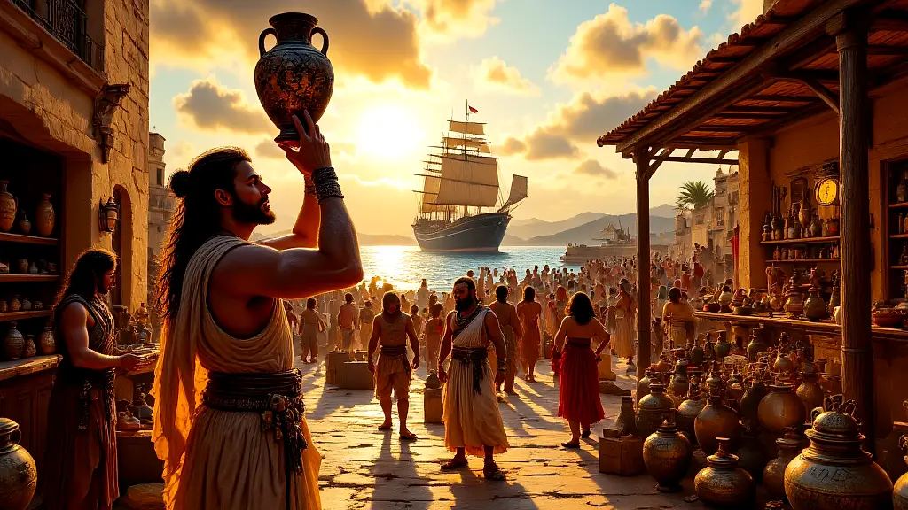 Ancient traders exchanging myths at a vibrant Mediterranean port.