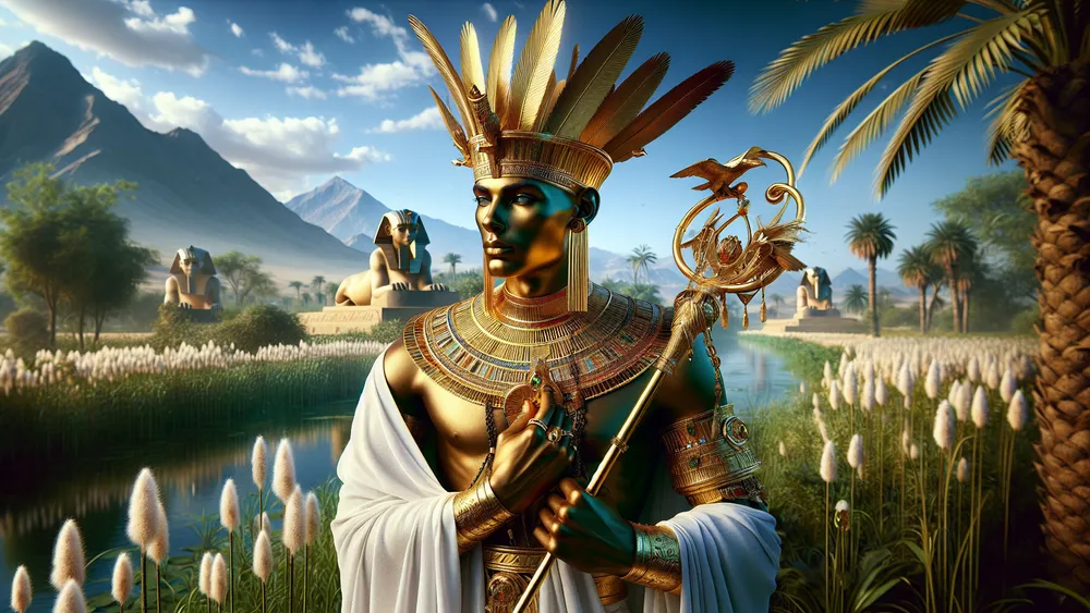 Andjety Ancient Egyptian Deity In Lush Nile Delta With Pyramids