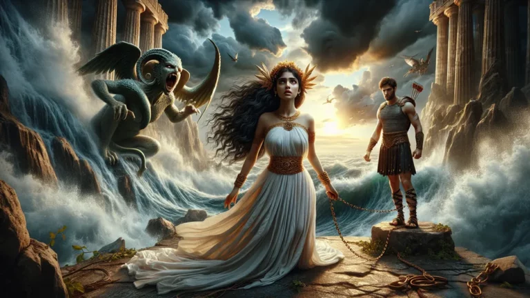 Andromeda Chained To Rock Perseus Ready To Battle Sea Monster