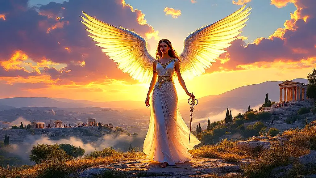 Angelia, divine messenger daimon, stands radiant at golden hour.