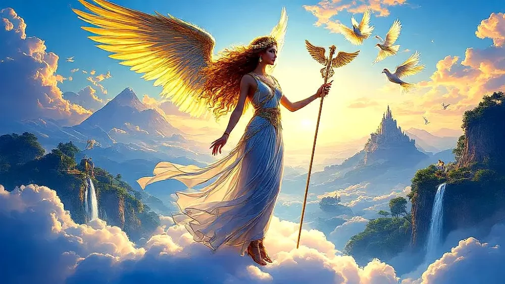 Angelia, Greek messenger goddess, floating on clouds with golden wings.
