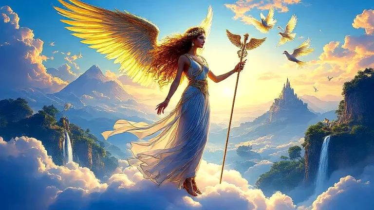 Angelia, Greek messenger goddess, floating on clouds with golden wings.