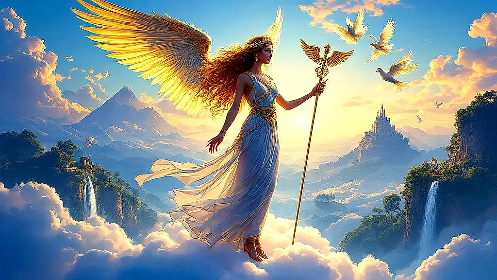 Angelia, Greek messenger goddess, floating on clouds with golden wings.