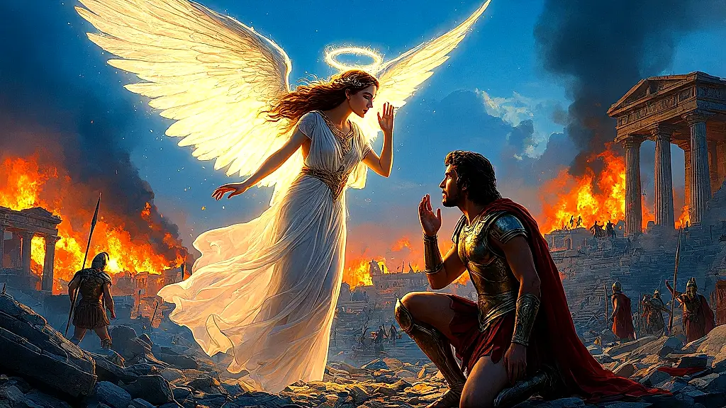 Angelia whispers to Aeneas during Troy’s fall.