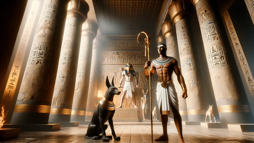 Anubis And Bata In An Ancient Egyptian Temple Setting