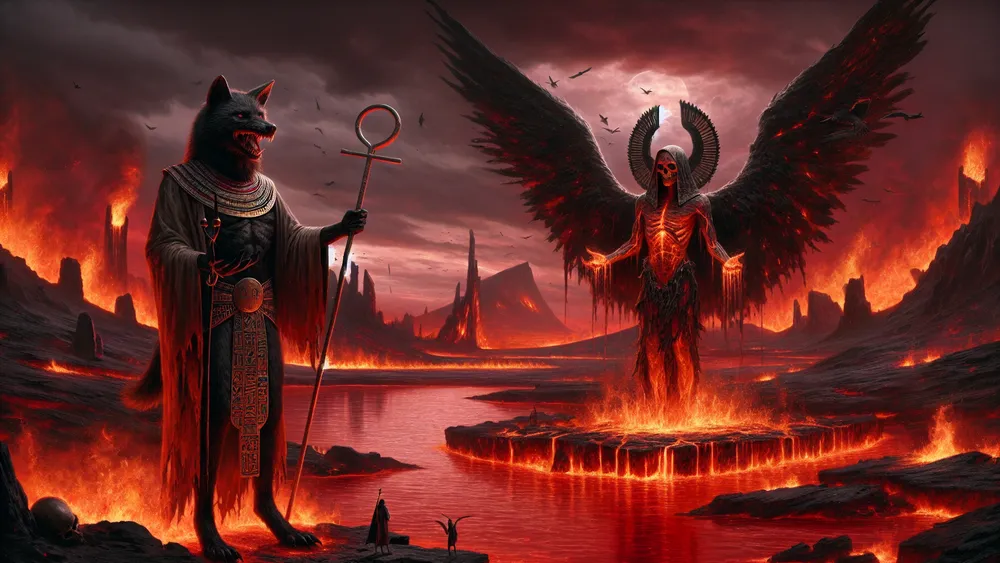 Anubis And Lucifer By A Fiery Lake In A Dark Desolate Landscape