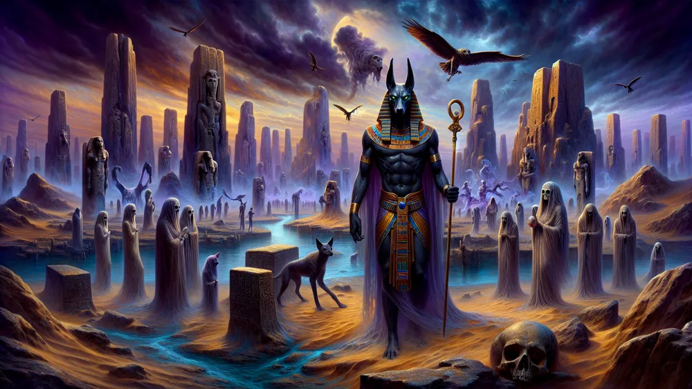 Anubis In The Ancient Egyptian Underworld Surrounded By Spirits And Mythical Elements