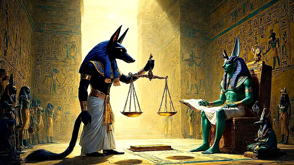 Anubis weighing a heart against Ma'at's feather, Osiris watching.