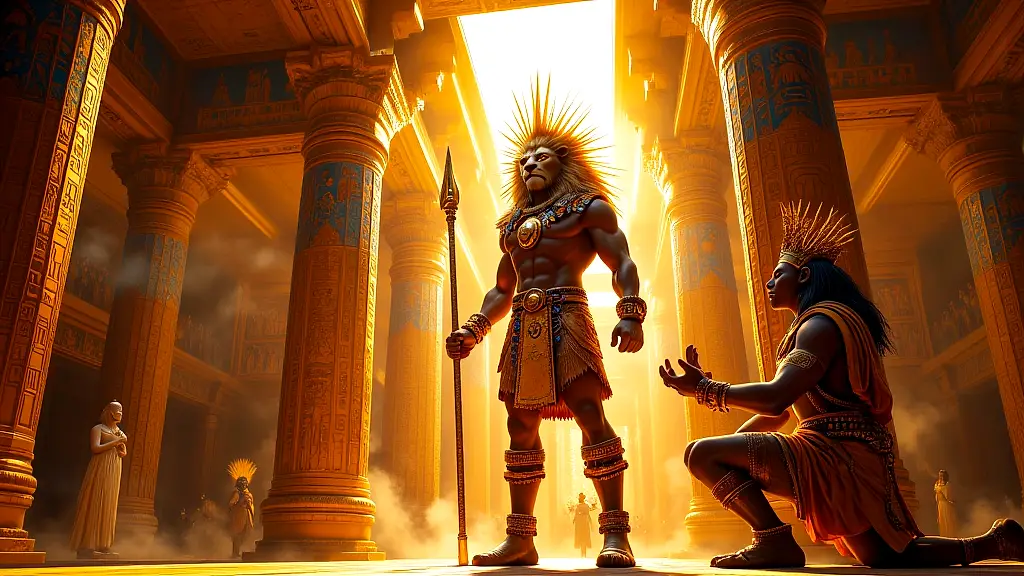 Apedemak grants kingship to a Nubian ruler in a sunlit temple.