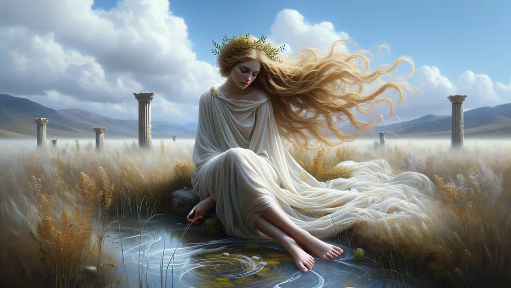 Apheleia Greek Goddess Of Simplicity In A Serene Natural Landscape