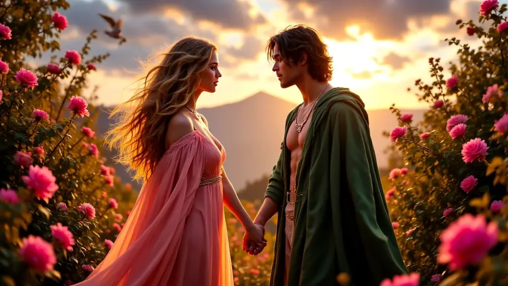 Aphrodite and Adonis in a mythical, glowing garden.