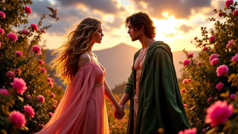 Aphrodite and Adonis in a mythical, glowing garden.