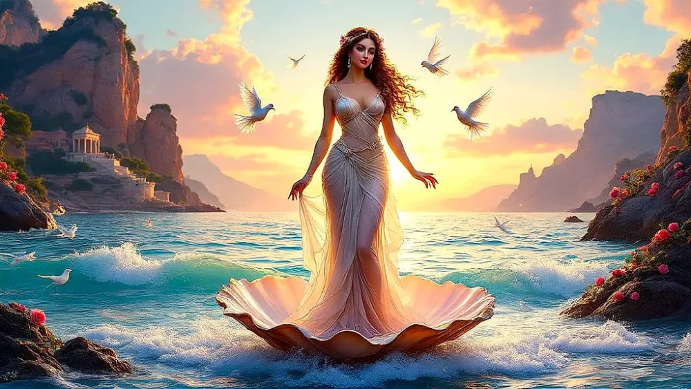 Aphrodite emerging from sea foam, radiant and divine.