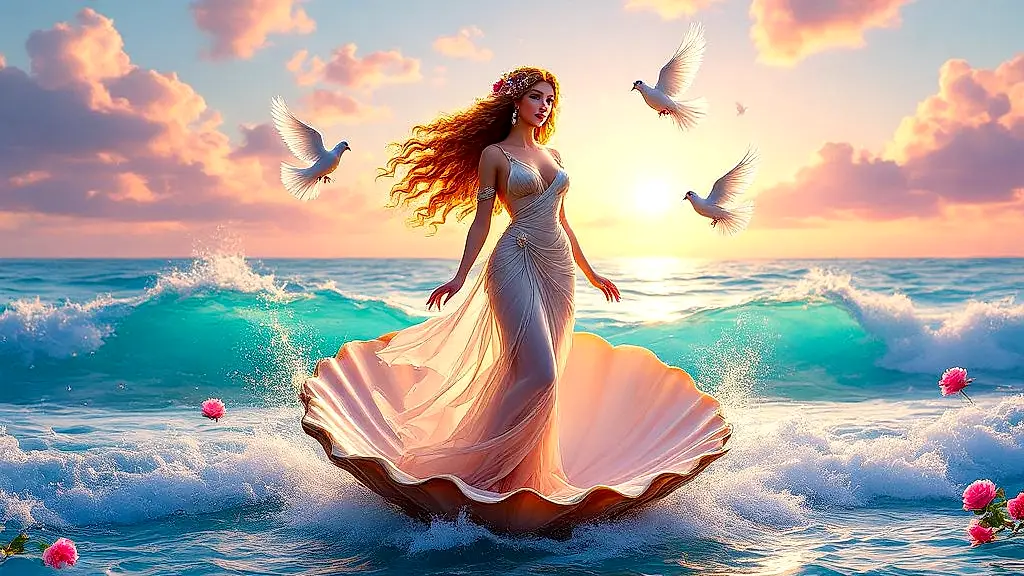 Aphrodite emerging from sea on shell, surrounded by doves and blossoms.