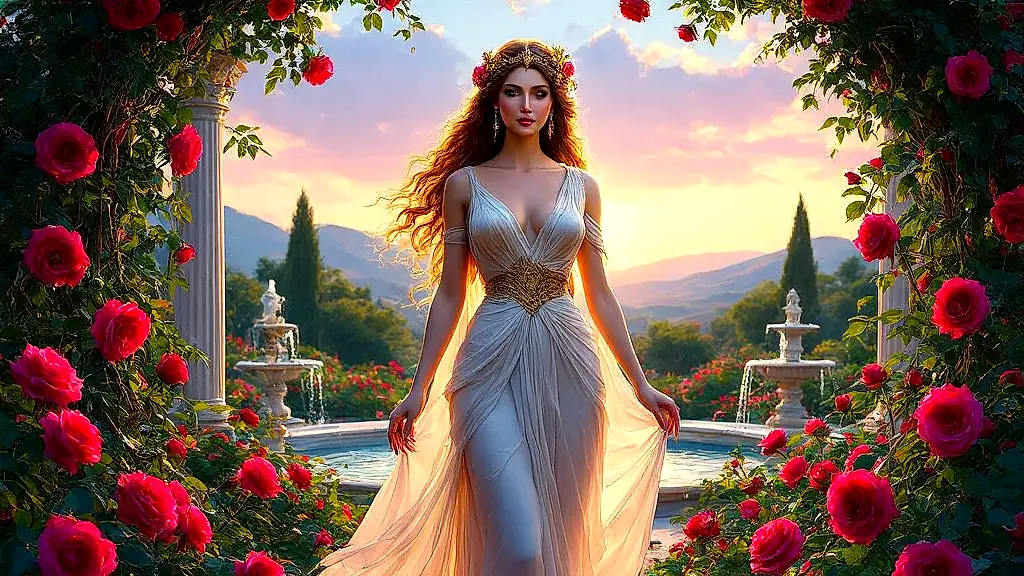 Aphrodite, Greek goddess of love, surrounded by vibrant roses.