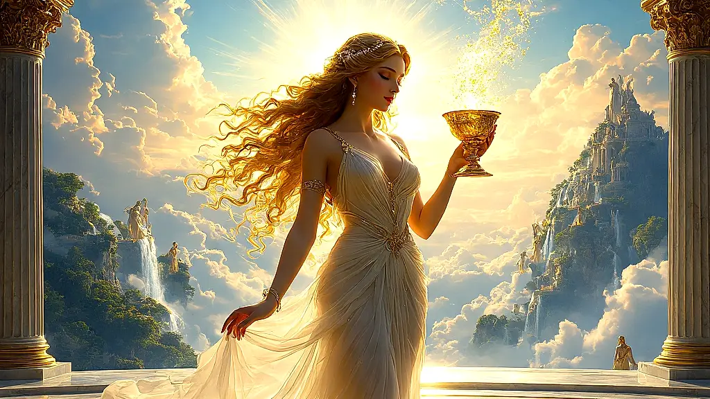 Aphrodite heals with ambrosia on Olympus, radiant and divine.