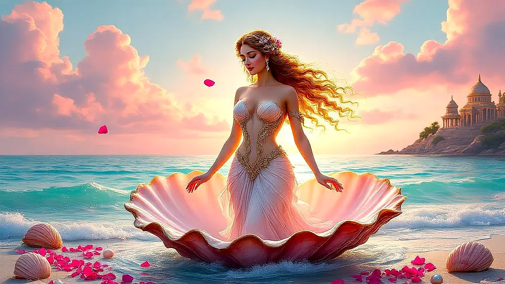 Aphrodite rising from a pink seashell at dawn.
