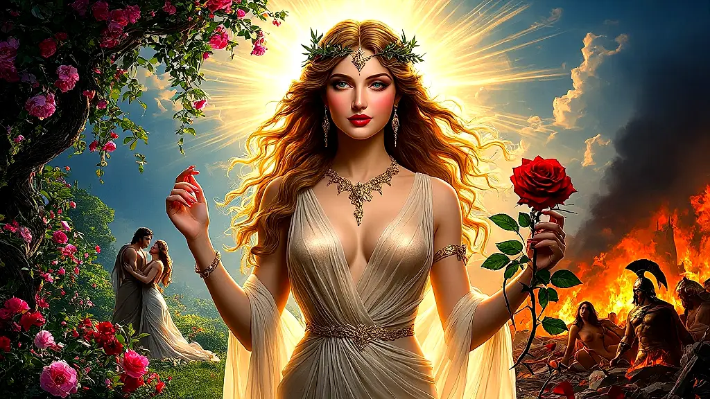 Aphrodite’s dual nature: beauty and destruction in mythic splendor.