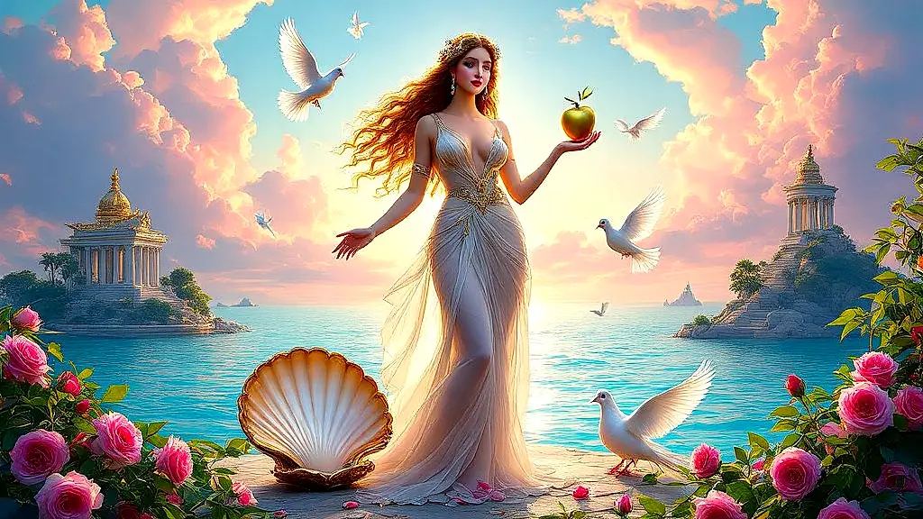 Aphrodite surrounded by her sacred symbols in vibrant divine light.